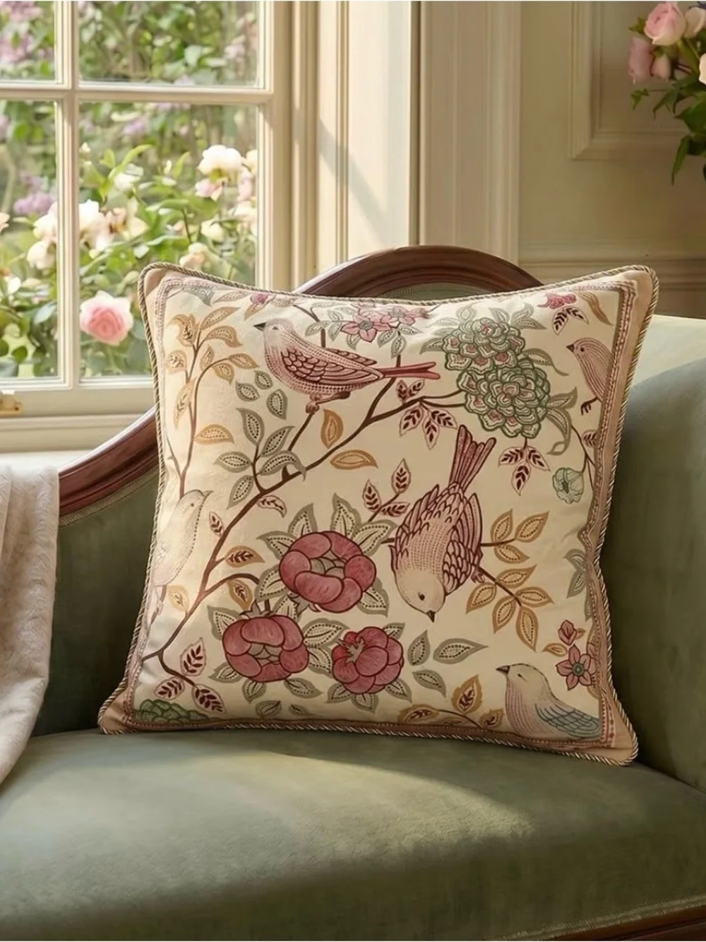 Floral Bird Embroidered Accent Pillow - Pink & Cream